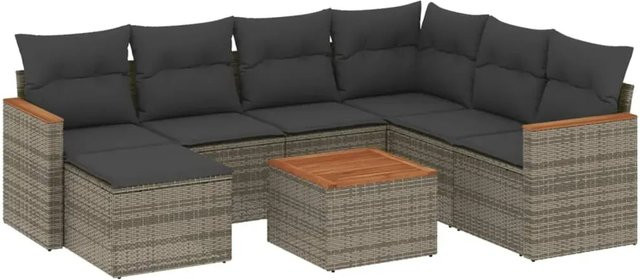 vidaXL 8-tlg. Garten-Sofagarnitur in L-Form aus grauem Poly-Rattan mit Kissen und pulverbeschichtetem Stahlgestell - Bild 1
