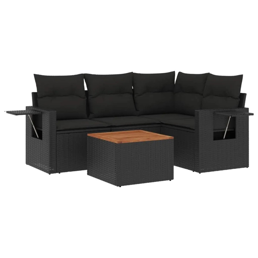 vidaXL 5-tlg Garten-Sofagarnitur mit Kissen aus schwarzem Poly-Rattan und Akazienholz - Bild 2