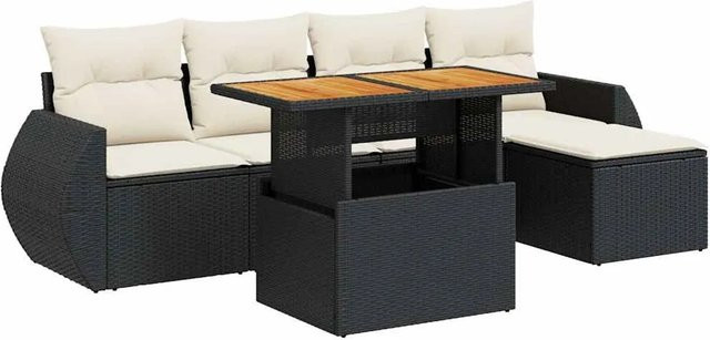vidaXL 6-teilige Garten-Sofagarnitur aus Poly-Rattan und Akazienholz in Schwarz-Creme mit Kissen - Bild 1