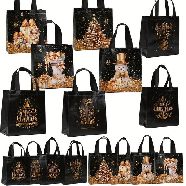 Schwarze Weihnachtshandtasche mit Griff und weihnachtlichen Motiven wie Weihnachtsbaum, Schneemann und Geschenktüte aus Kunststoff - Bild 1