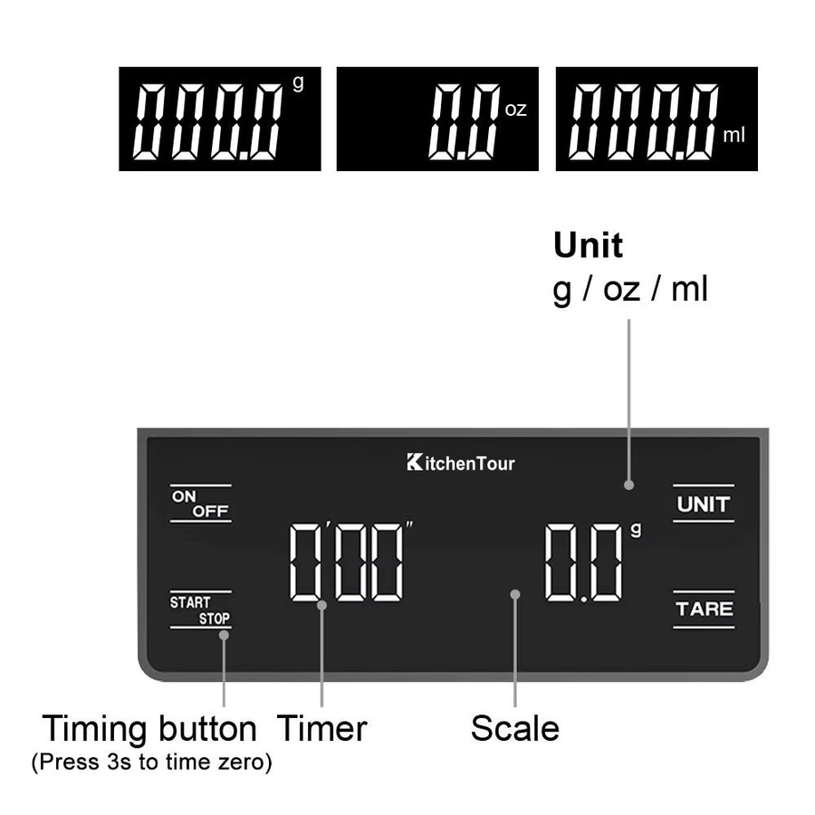 Digitale Kaffee Waage mit Timer von FEB.WIND in Schwarz, Multifunktionswaage für Espresso mit LCD-Display, Kapazität 3 kg, Genauigkeit 0,1 g - Bild 3