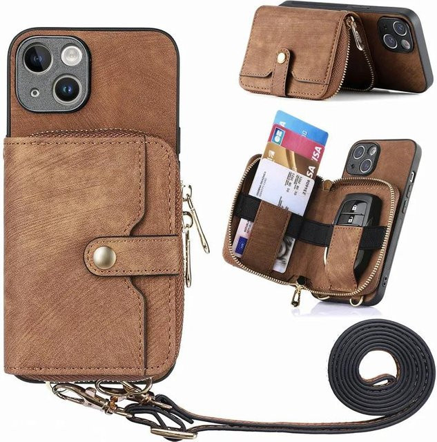 Xiaomi Leder-Klapphülle mit Lanyard und Reißverschluss-Geldbörse für Redmi Note 14 Pro Plus 13 12 11 10 in Braun - Bild 1