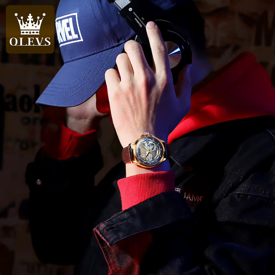 OLEVS Armbanduhr Automatik, Leder, Gold, Herren - Bild 4