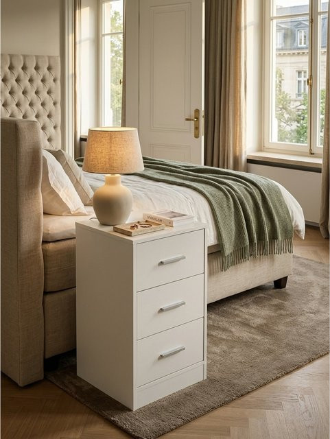 Nachttisch FOGGIA von KADIMA DESIGN aus Holz mit 3 Schubladen in Weiß, B/T/H: 38 x 35 x 68 cm - Bild 1