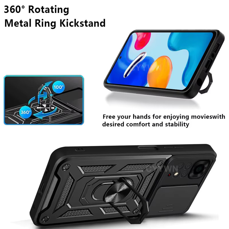 Slide Kamera Objektiv Schutz Rüstung mit Ring Halterung und Push Abdeckung für Xiaomi Redmi Note 14 13 12 11 Pro Plus 11s 12s in Schwarz und Silber - Bild 6