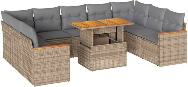 vidaXL 10-tlg. Garten-Sofagarnitur in U-Form aus Polyrattan und Akazienholz mit Kissen in Beige-Grau - Bild 1