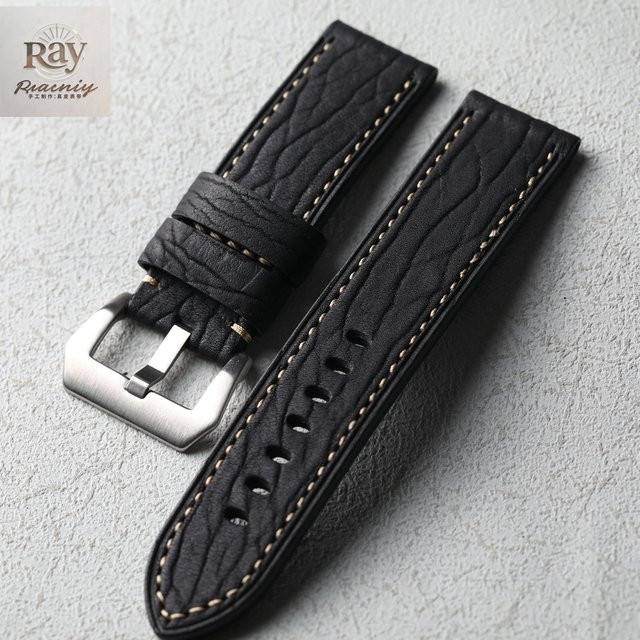 Raystray Uhrenarmband Echtleder, Hai-Muster, Schwarz, Vintage - Bild 1