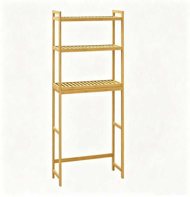 EUGAD Badregal aus Bambus mit 3 verstellbaren Ablagen, Waschmaschinenregal und Toilettenregal, Beige/Gelb, H: 163,0 cm, B: 26,0 cm, T: 15,0 cm - Bild 1