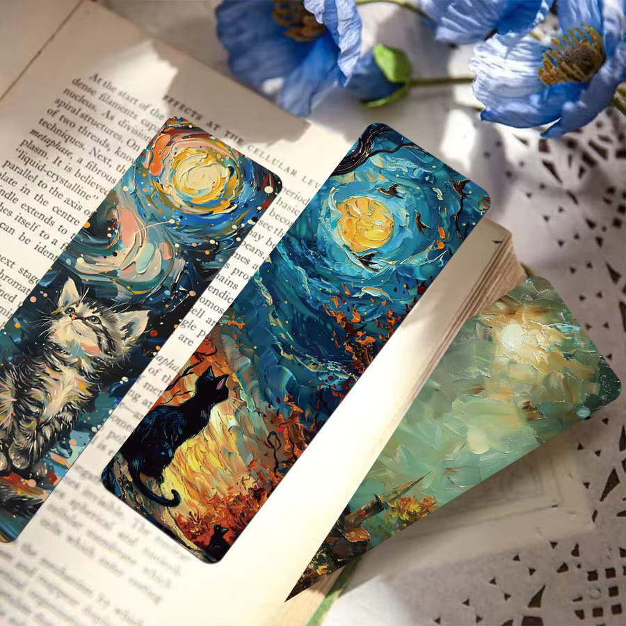 Van Gogh Sternennacht Katzen-Lesezeichen im Ölgemälde-Stil, buntes Papier-Seitenmarkierer Design für Katzenliebhaber - Bild 3