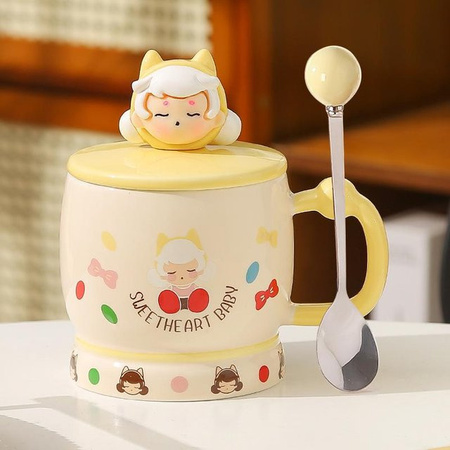 Kreative Keramiktasse von Yiran toy 1 mit Deckel und Löffel, 350 ml, in Weiß, Gelb, Pink oder Grün