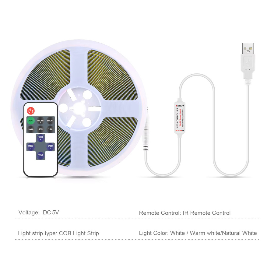 Lcamaw COB LED Streifen mit USB-Anschluss, dimmbar per HF-Fernbedienung, weiß, 120 LEDs/m zur Hintergrundbeleuchtung für TV, Spiegel oder Küche - Bild 2