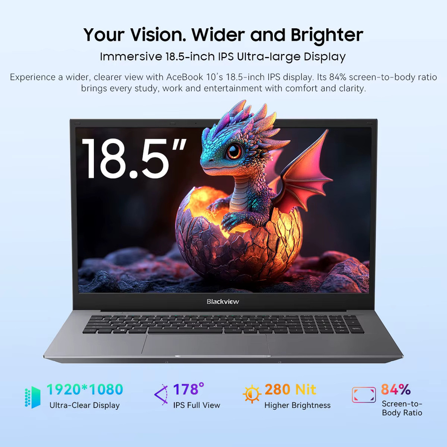 Blackview ACEBOOK 10 Laptop mit 18,5 Zoll FHD Display, Intel N150 Prozessor, 16 GB RAM, 512 GB SSD, Windows 11, WiFi 6 und Bluetooth 5.2, Schwarz/Grau - Bild 2