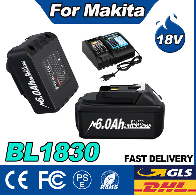 Powtree Akku Set für Makita 18 V mit 6000 mAh Akku BL1830 und 4A-Ladegerät in Schwarz - Bild 1