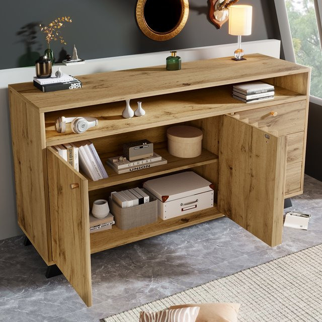 HAUSS SPOLE Kommode Spol Stauraumschrank für Wohnzimmer und Esszimmer in Braun mit Schubladen und offenen Fächern - Bild 1