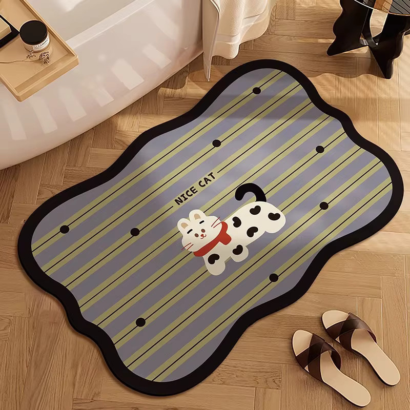 VIKAMA Cartoon Badezimmer-Bodenmatte mit unregelmäßiger Form, saugfähig und rutschfest, modern mit Tier-Motiv und Streifenmuster - Bild 1