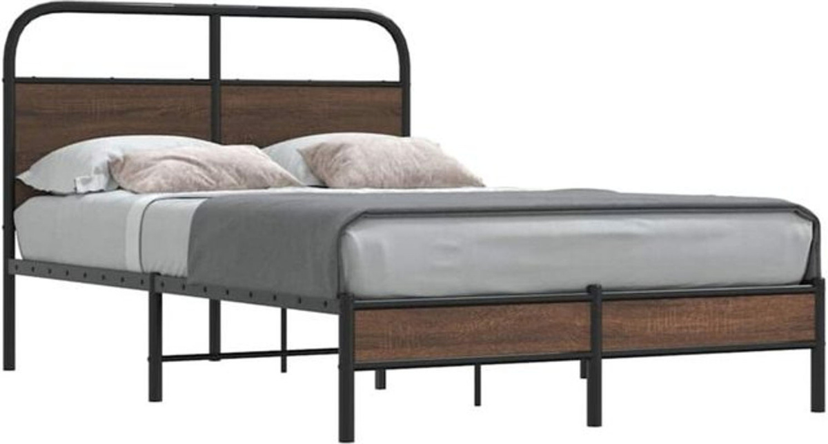 vidaxl Metallbett im Industrial Design aus Stahl und Holzwerkstoff, Braun, B/T/H: 120 x 200 cm - Bild 1