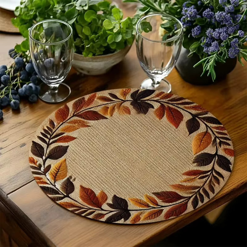 VIKAMA 4-teiliges Herbst-Tischset, rund, beige, rutschfest und hitzebeständig mit floralem Design - Bild 2