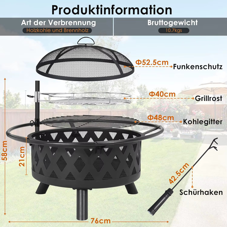 Homfa Multifunktionale Feuerschale in Schwarz mit Funkenschutz und Grillrost, höhenverstellbar, B/T/H: 76,0 x 58,0 x 15,0 cm - Bild 2