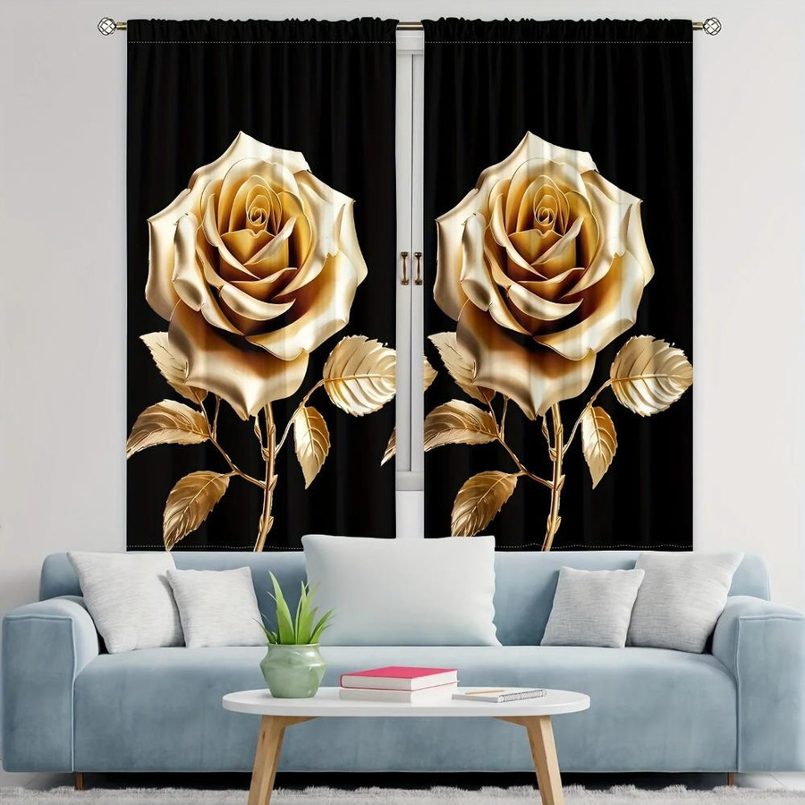 2er Set Yiran Furniture Vorhänge mit floralem Digitaldruck in Gold und Schwarz, halbtransparent, B: 100 cm, H: 130 cm - Bild 2