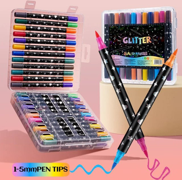 Kawaii Glitzer Dual Tip Marker Set mit Aquarell Pinsel Stiften in Multicolour für Schulkunstbedarf - Bild 1