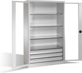 C+P Werkzeugschrank in Lichtgrau mit Sichtfenster-Drehtüren, 4 Böden und 3 Schubladen, H: 195,0 cm, B: 120,0 cm, T: 50,0 cm - Bild 1