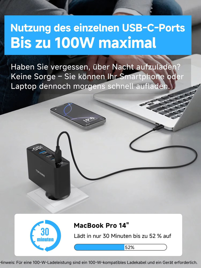 TOPADRE 100W GaN USB-C Schnellladegerät mit Display in Schwarz für MacBook, iPhone und Samsung mit PPS PD Quick Charge 4.0/3.0 - Bild 6