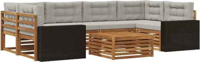 vidaXL Outdoor-Sofagarnitur aus Akazienholz in L-Form mit 7 Teilen, Hellgrau und Natur, Polyester-Polsterung - Bild 1