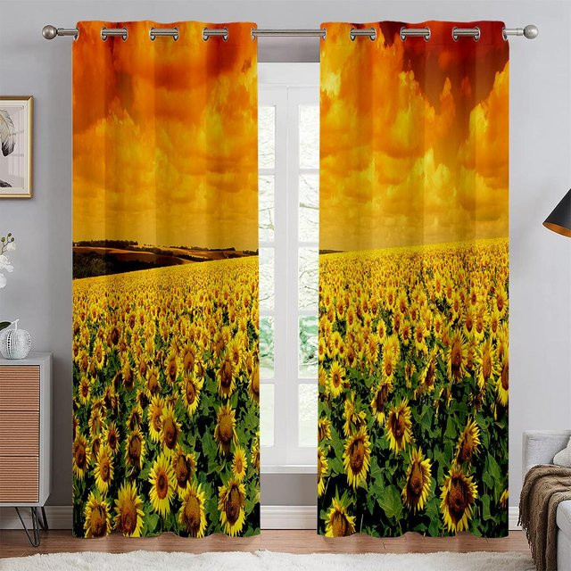 2-teiliges Sonnenblumen Meeresvorhang in Gold und Gelb, halbtransparente Fensterdekoration mit Blumenmuster aus Polyester, B: 50 cm, H: 130 cm - Bild 1