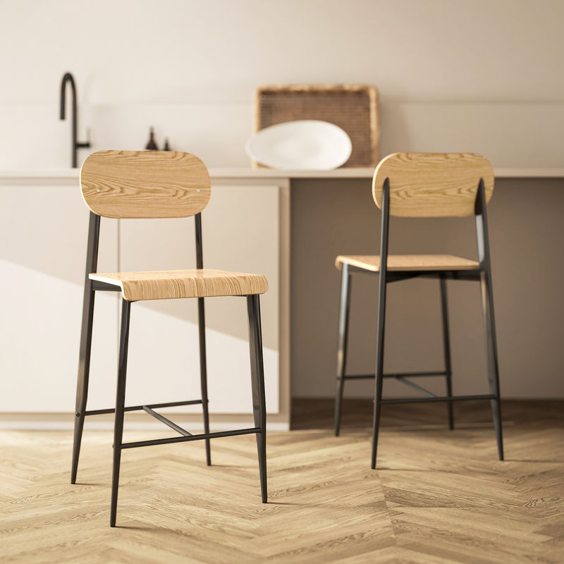 HOMCOM Barhocker 2er Set im Industrie-Design mit Metallgestell und Naturholz, Farbe: Schwarz/Braun, Sitzhöhe: 66 cm - Bild 2