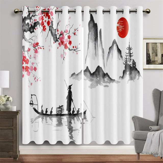 Japanische Landschaft Tuschemalerei Fenstergardinen mit 2 Paneelen, Weiß, B/H: 50 x 130 cm pro Paneel - Bild 1