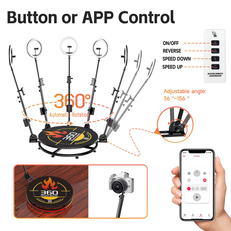 MWE 360-Fotokabinenmaschine in Schwarz mit zusätzlicher Batterie, Logo-Anpassungssoftware und App-Fernbedienung für Partys - Bild 2