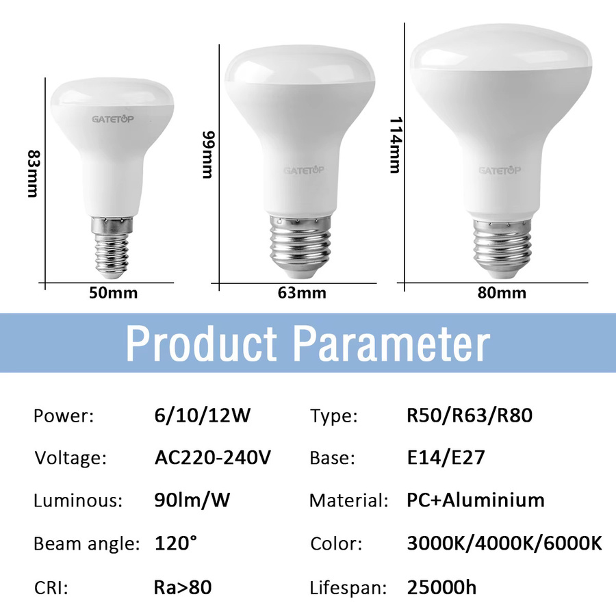 LED Reflektor Glühbirne für Badezimmer und Zuhause, E14 oder E27 Sockel, R50 R63 R80 Form, Warmweiß 3000K, Weiß - Bild 2