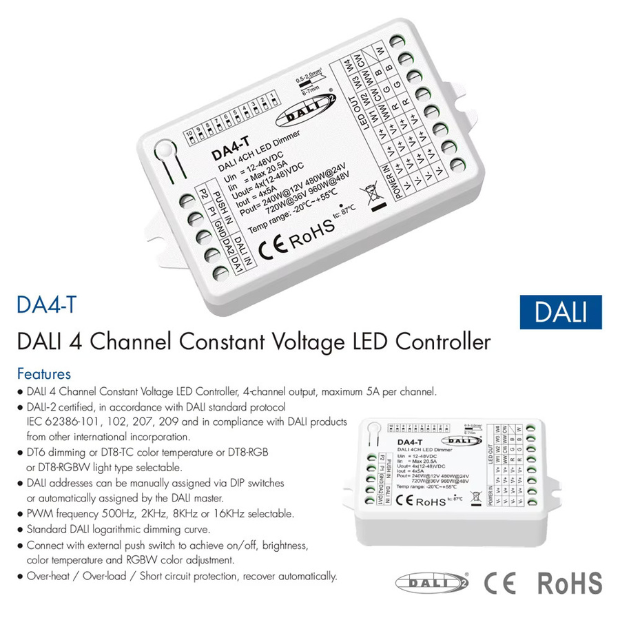 YSRSAI DALI Dimmer DA4-T DT6 DT8 Konstantspannungs-Druckschalter-Dimmer für dimmbare LED-Beleuchtung (Einfarbig, CCT, RGB, RGBW), 4CH*5A, 12-48VDC, Weiß - Bild 2