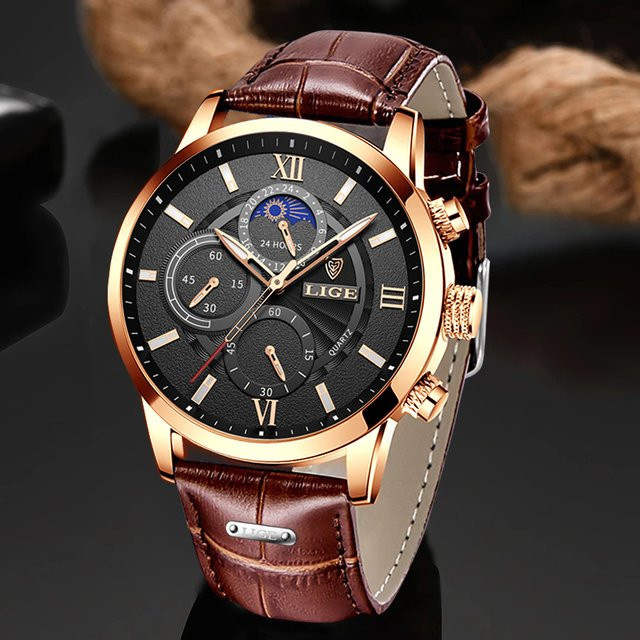 LIGE Armbanduhr, Quarz, Leder, Schwarz, Silber, Herren - Bild 1