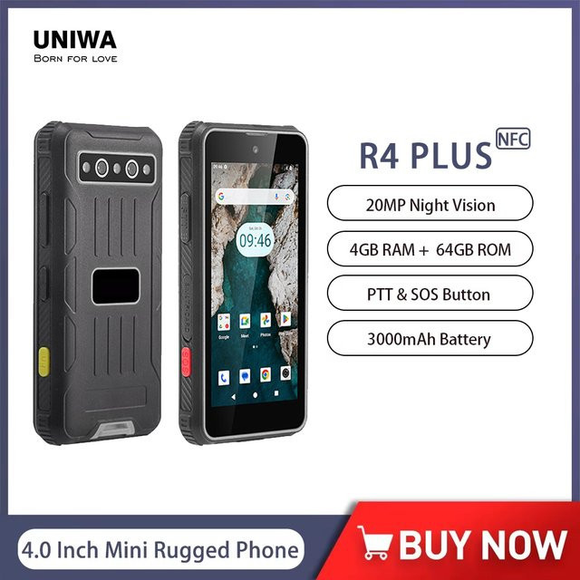 UNIWA R4 Plus Robustes 4G Mini Smartphone mit Android 14, 4 GB RAM, 64 GB Speicher, 20 MP Nachtsicht Kamera, 3000 mAh Akku, NFC, 4 Zoll Display in Schwarz oder Grau - Bild 1