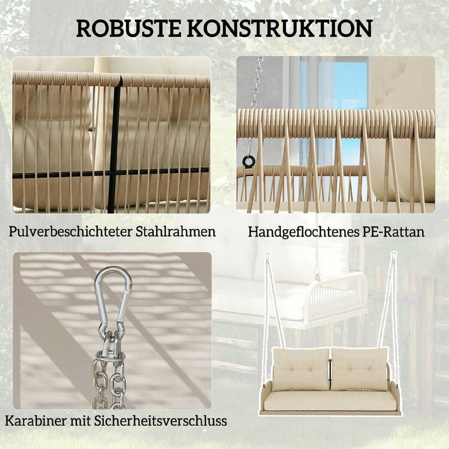 Outsunny Hollywoodschaukel 2-Sitzer aus Polyrattan mit Kissen in Beige, B/H/L: 66 x 44 x 115 cm - Bild 6