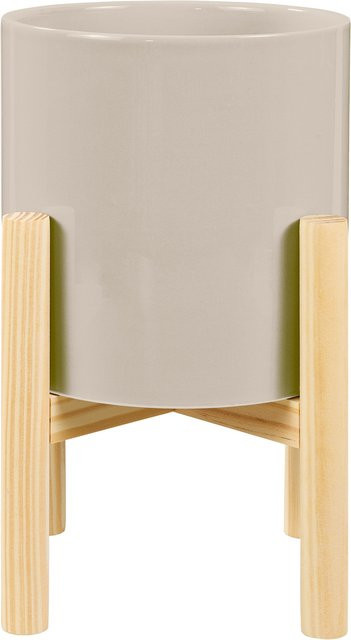 LIVARNO HOME Übertopf aus Keramik und Holz mit Gestell in Braun und Dunkelgrau, B/T/H: 32,0 x 26,0 x 26,0 cm - Bild 1