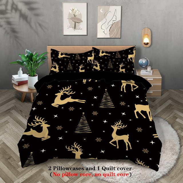 3-teiliges Bettwäsche-Set mit Weihnachtsmotiv und Rentiermuster in Schwarz, bestehend aus 1 Bettbezug und 2 Kissenbezügen, Breite: 135 cm, Länge: 200 cm - Bild 1