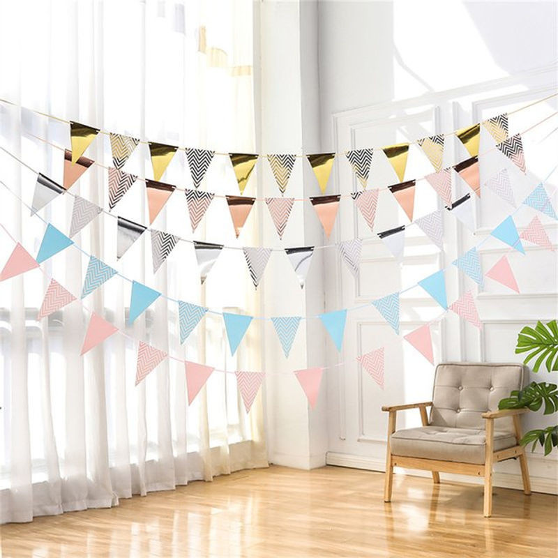 Geometrische Wimpelketten aus Papier für Geburtstagsdekorationen in Gold, Silber, Rosa und Blau - Bild 1
