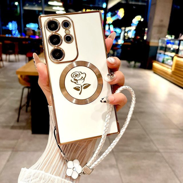 Samsung Galaxy Schutzhülle mit Rosen-Design aus weichem TPU und Magsafe-Kompatibilität in Weiß inklusive Lanyard Armband für Galaxy S26 S25 S24 S23 S22 S21 Ultra Plus - Bild 1