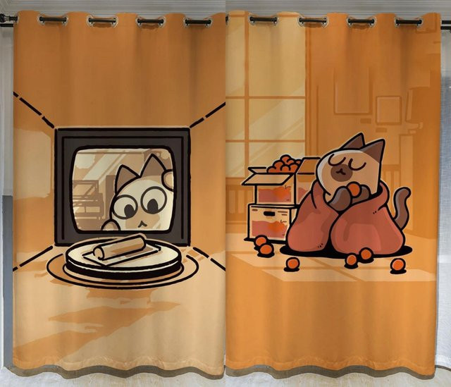 Verdunkelungsvorhang mit Katzen-Cartoon-Motiv von Yiran Furniture, Farbe Orange, B: 55 cm, H: 120 cm, Ösensystem - Bild 1