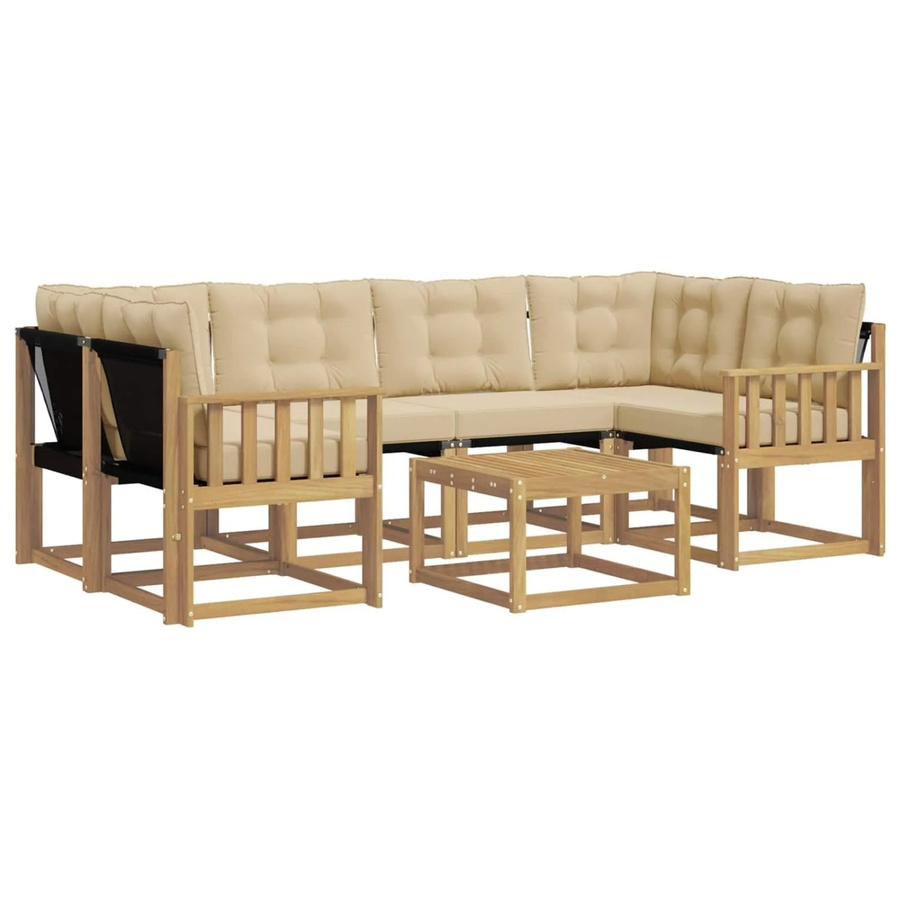 vidaXL Outdoor-Sofagarnitur 7-teilig in U-Form aus Akazienholz mit Kissen und Couchtisch, Weiß und Beige - Bild 2