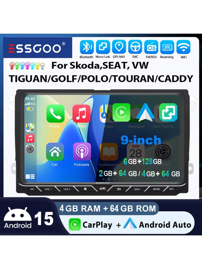 ESSGOO Android 15 Autoradio mit 9 Zoll Display, GPS, WiFi und Bluetooth in Schwarz für VW Tiguan, Caddy, EOS, Jetta, T5, Passat B6 B7, Polo 6R, Golf 5 6 und Touran mit Wireless CarPlay und Android Auto - Bild 5
