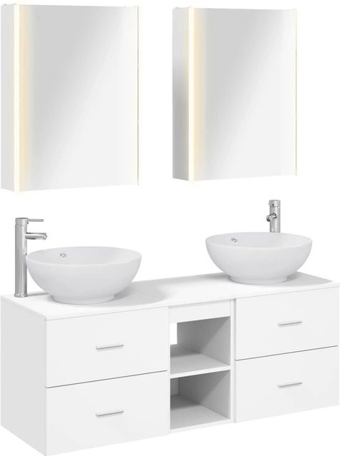 vidaXL Badezimmermöbel-Set 5-teilig in Weiß, modern mit Spiegelschrank, Waschtischunterschrank und Wandschrank aus Holz und Glas mit LED-Beleuchtung - Bild 1