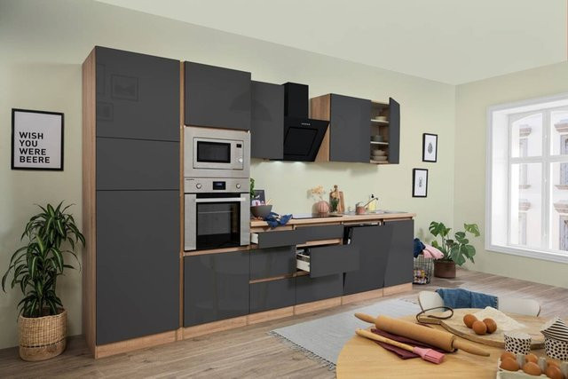 Respekta Küchenblock Premium grau hochglänzend mit Eiche Sonoma Elementen B/H/T: 345 x 220,5 x 60 cm - Bild 1