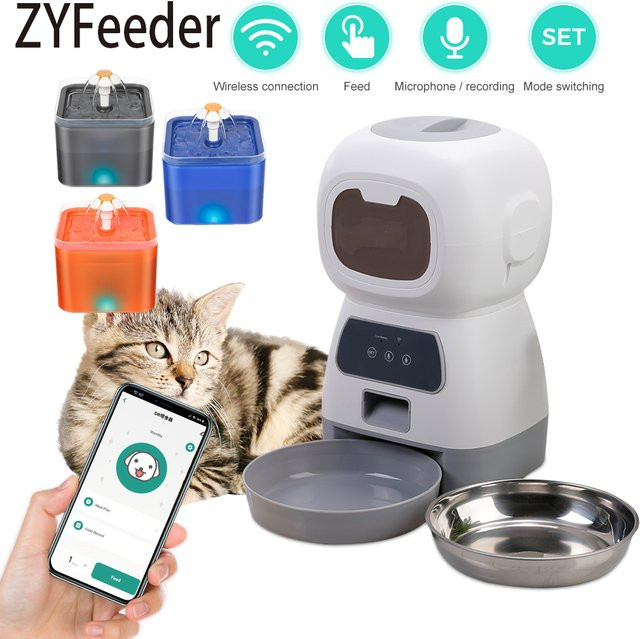 ZYfeeder Automatischer Haustierfütterer und Trinkbrunnen Set mit WLAN-App-Steuerung, Intelligenter Futterautomat und Wasserspender für Katzen und Hunde, Weiß-Türkis, 3,5 l und 2 l - Bild 1