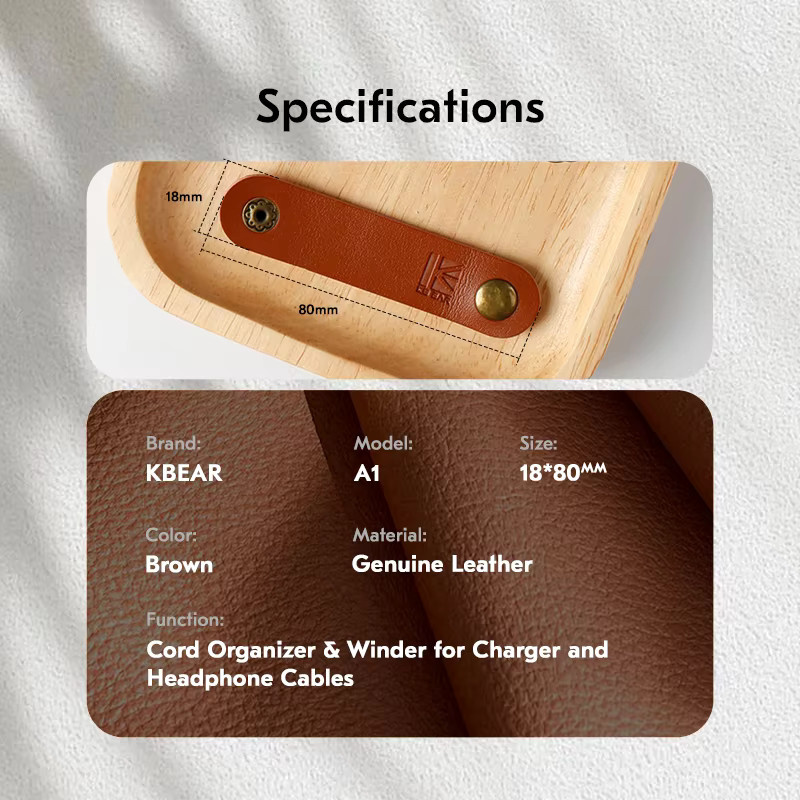 KBEAR Echtes Leder Kabelbinder Organizer in Braun für Kopfhörer und USB-Datenkabel - Bild 6