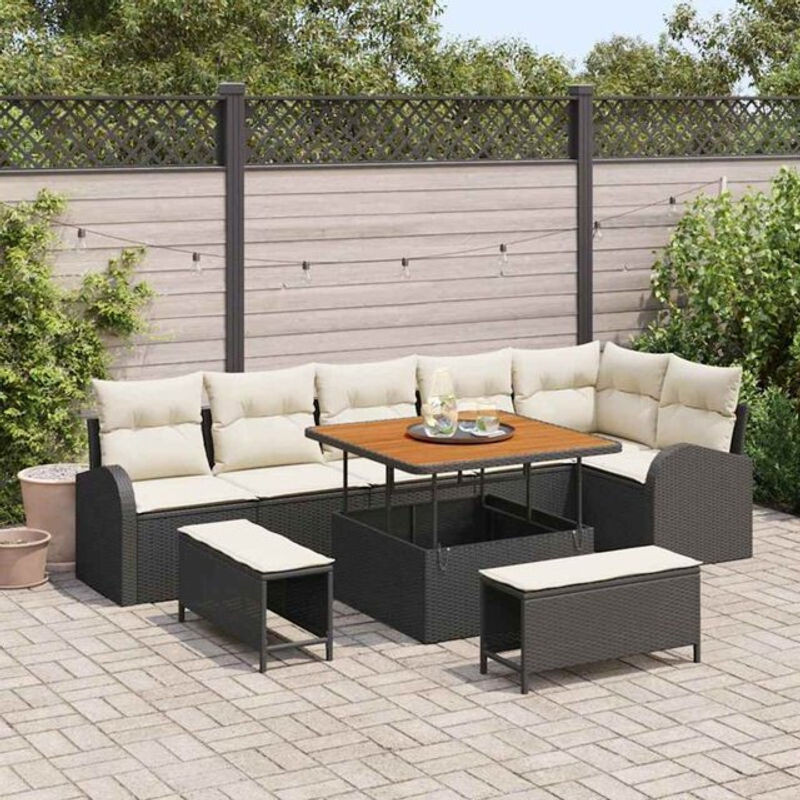 vidaxl Garten-Sofa-Set aus Poly-Rattan mit 9 Kissen in Schwarz - Bild 1