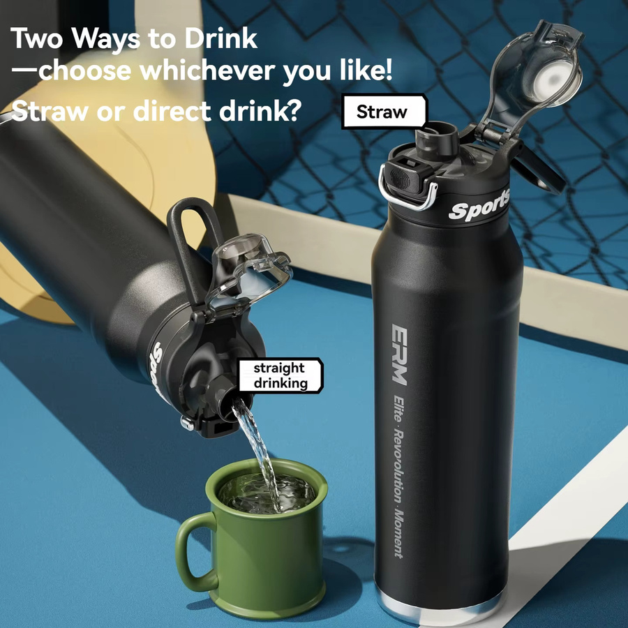 ERM Isolierte Edelstahl-Wasserflasche mit Griff für Sport und Outdoor in Silber und Schwarz - Bild 1