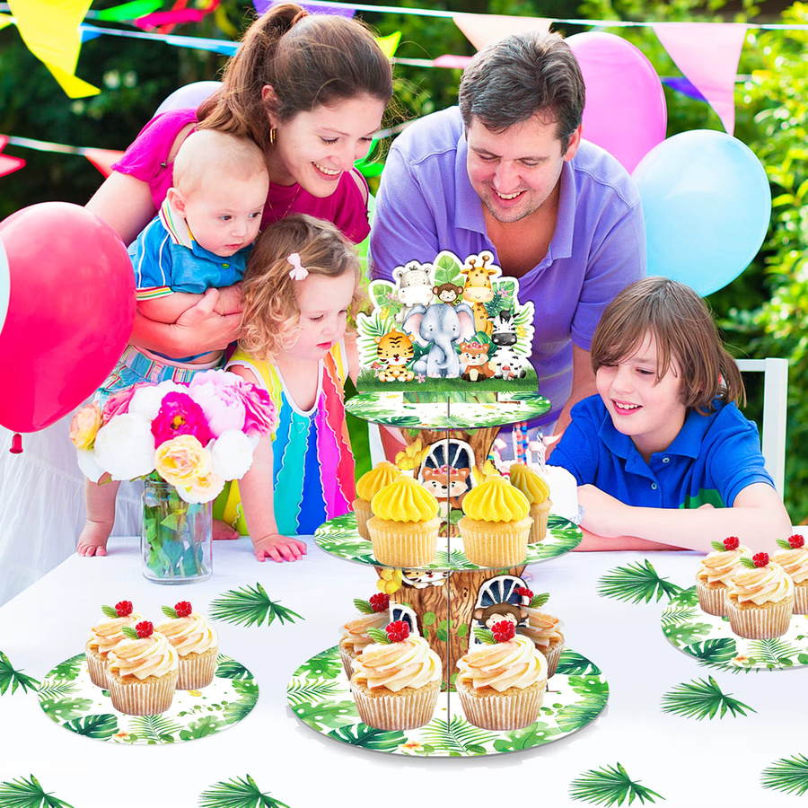 3-stöckiges Kuchendisplay mit Cartoon Dschungel Safari Wildtier Motiv für Geburtstag und Baby Shower, bunt, rund - Bild 2